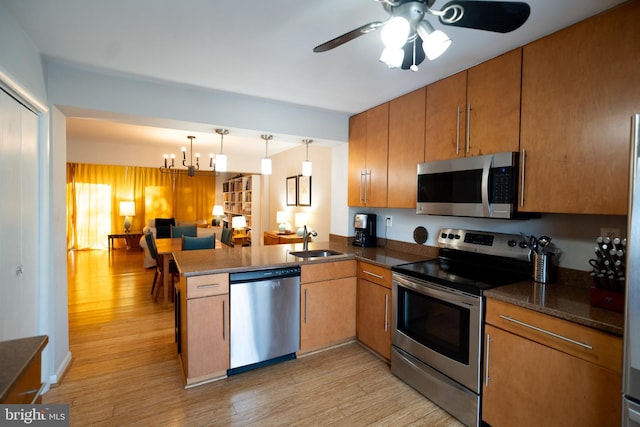 kitchen with appliances with stainless steel finishes, light hardwood / wood-style floors, sink, hanging light fixtures, and kitchen peninsula