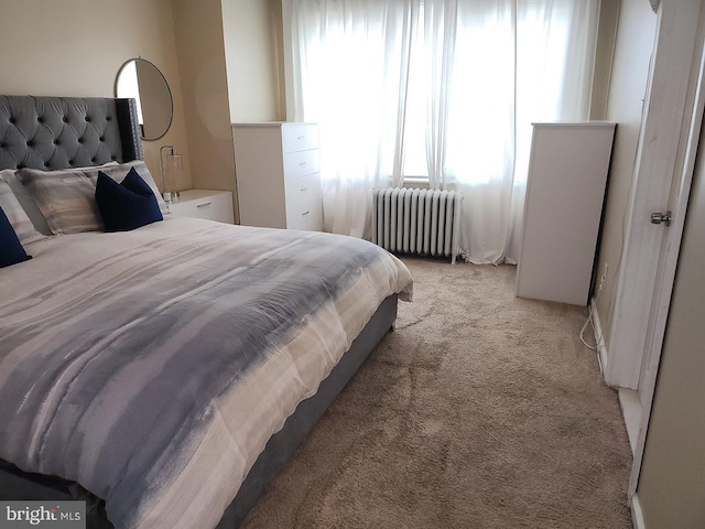 carpeted bedroom with radiator and multiple windows