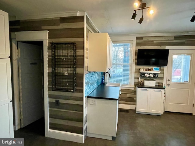 kitchen featuring sink, white cabinetry, and wood walls