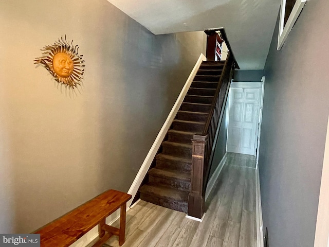 stairs with hardwood / wood-style floors