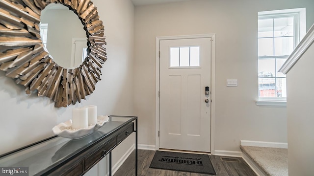 entrance foyer with plenty of natural light and dark wood-type flooring