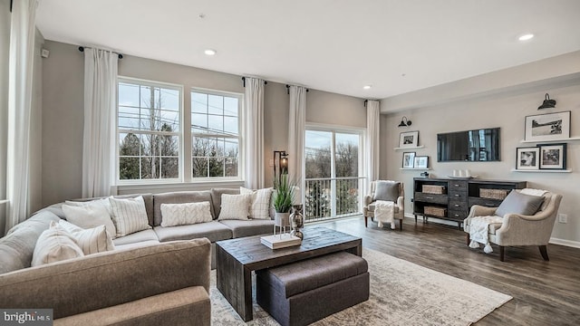 living room with dark hardwood / wood-style flooring