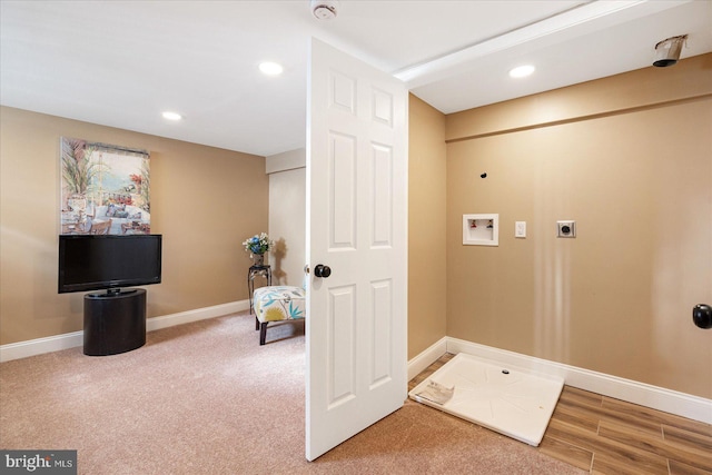 clothes washing area featuring hookup for a washing machine, carpet, and hookup for an electric dryer