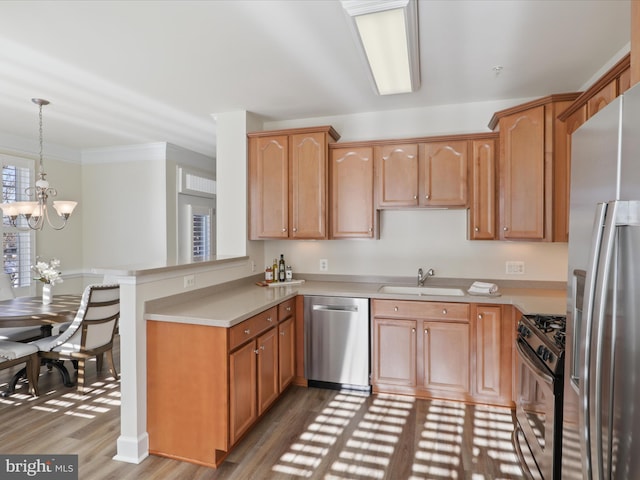 kitchen featuring light hardwood / wood-style floors, appliances with stainless steel finishes, hanging light fixtures, a chandelier, and sink