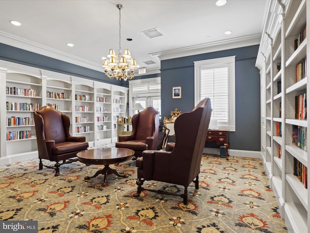 sitting room with an inviting chandelier, ornamental molding, and built in shelves