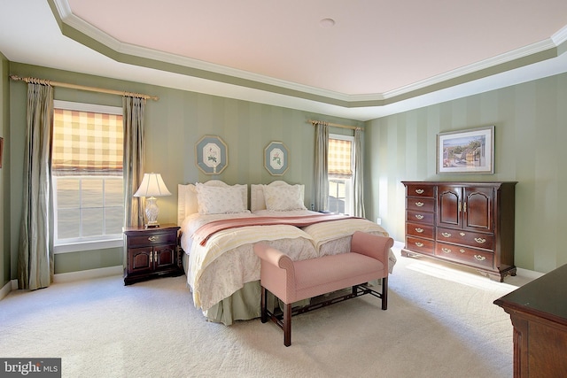 bedroom with light colored carpet and ornamental molding