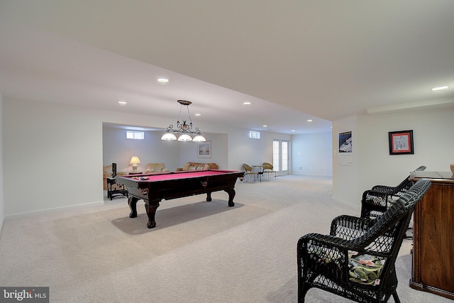 rec room with light carpet and pool table