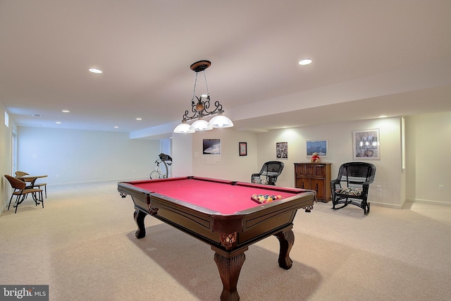 rec room featuring light colored carpet and pool table