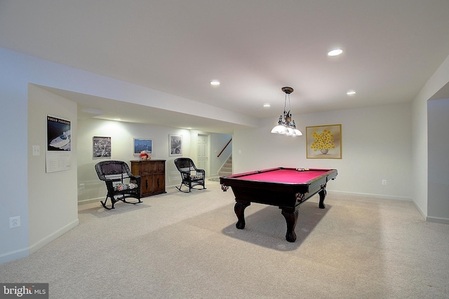 game room featuring light colored carpet and billiards