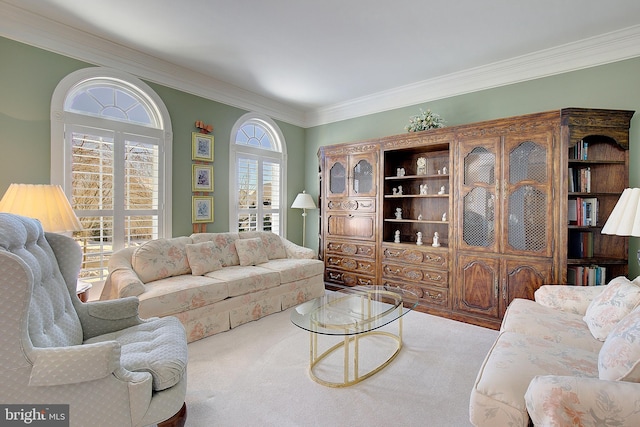 carpeted living room featuring ornamental molding