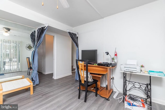 office with ceiling fan and hardwood / wood-style floors