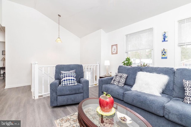 living room with lofted ceiling and hardwood / wood-style floors