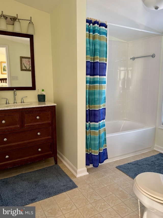 full bathroom with shower / tub combo, vanity, toilet, and tile patterned flooring