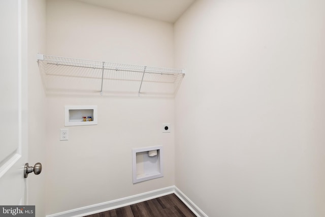 clothes washing area with hookup for a washing machine, wood-type flooring, and hookup for an electric dryer