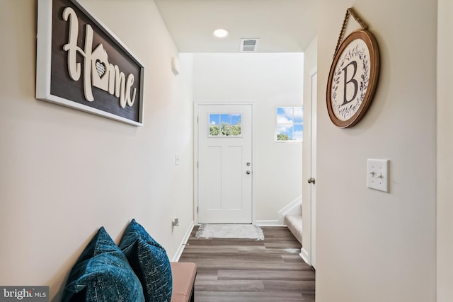 foyer entrance with hardwood / wood-style floors