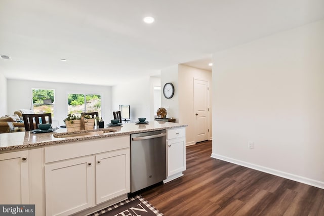 kitchen with white cabinets, sink, dark hardwood / wood-style floors, light stone counters, and stainless steel dishwasher