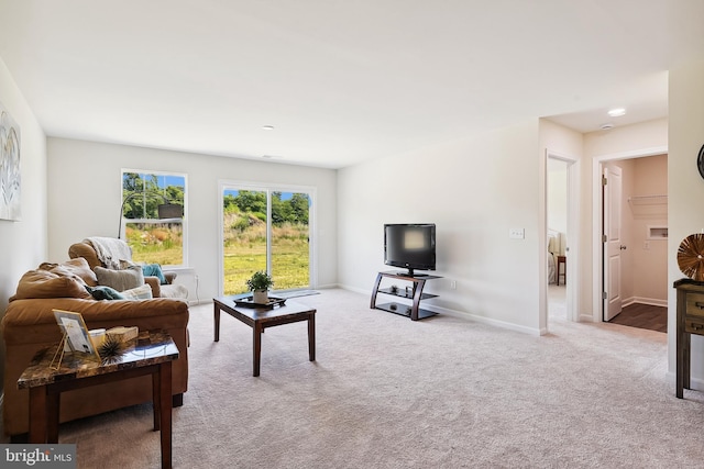 living room with light colored carpet