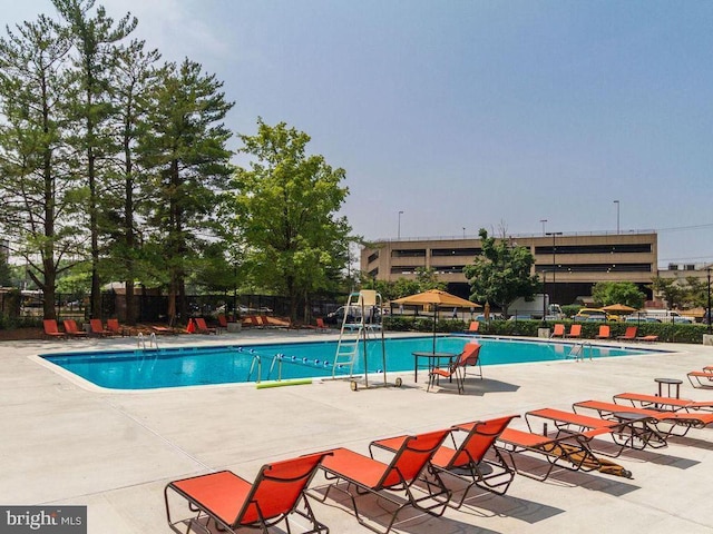 view of swimming pool with a patio