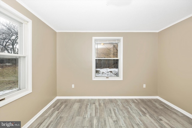 unfurnished room with light wood-type flooring and crown molding