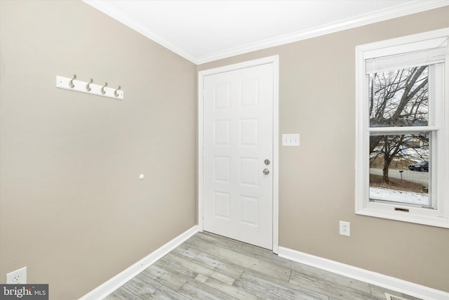 doorway with crown molding and light wood-type flooring