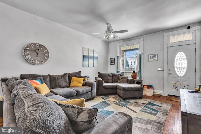 living room featuring ceiling fan and hardwood / wood-style floors