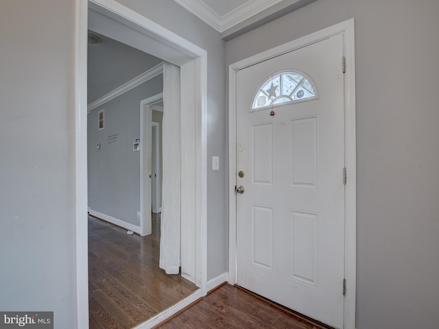 entryway featuring dark hardwood / wood-style floors and crown molding