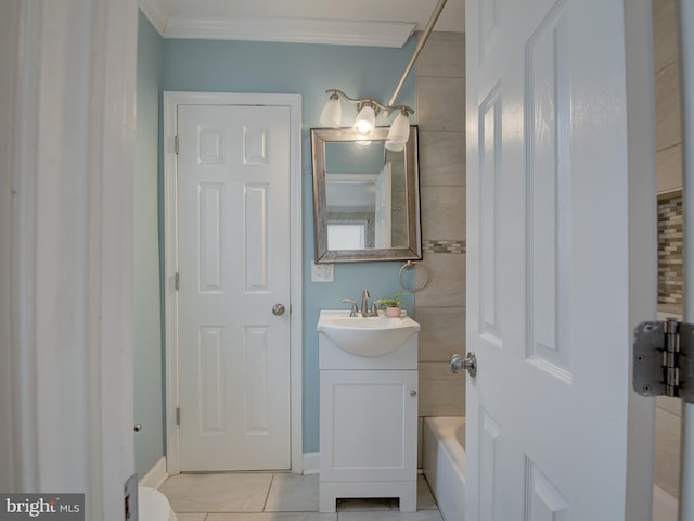 bathroom with tile patterned flooring, crown molding, vanity, and shower / bathing tub combination