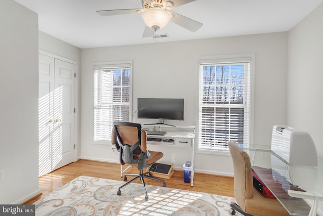 office space featuring light hardwood / wood-style floors and ceiling fan