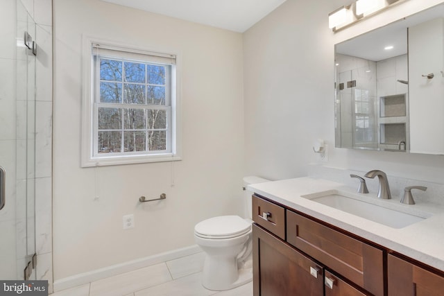 bathroom with walk in shower, tile patterned floors, vanity, and toilet