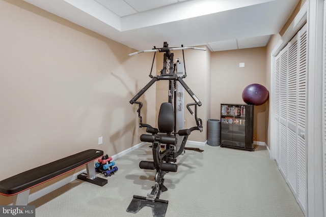 exercise area featuring light colored carpet