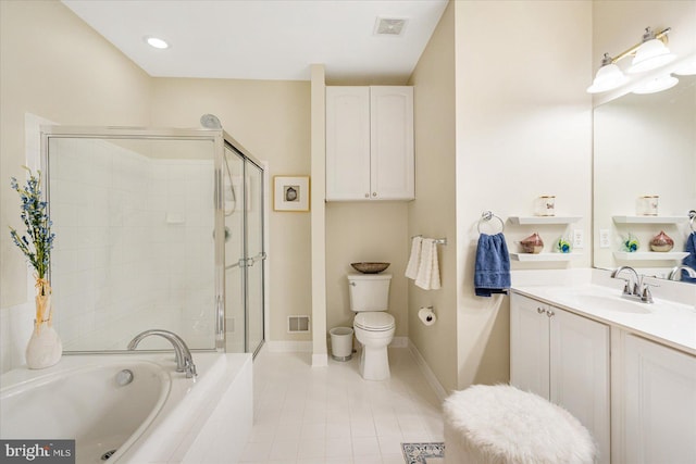 full bathroom featuring tile patterned floors, plus walk in shower, toilet, and vanity