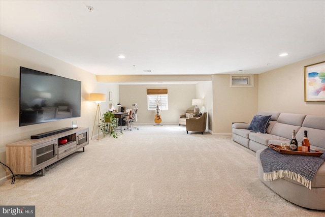 living room featuring light colored carpet