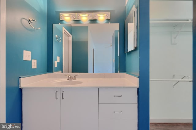 bathroom with vanity and wood-type flooring