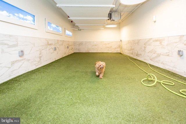 basement with carpet floors and electric panel