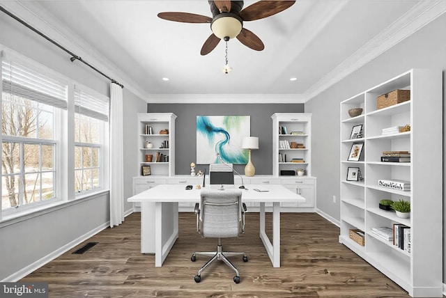 office with ceiling fan, dark hardwood / wood-style floors, and crown molding