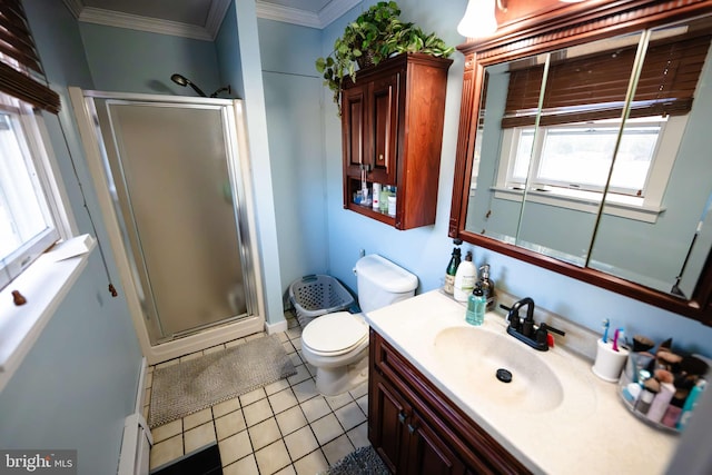 bathroom with vanity, tile patterned flooring, toilet, ornamental molding, and an enclosed shower