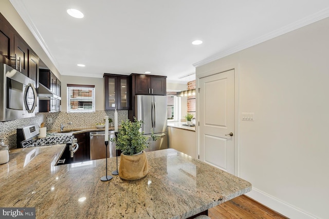 kitchen with kitchen peninsula, light stone counters, dark brown cabinetry, and stainless steel appliances