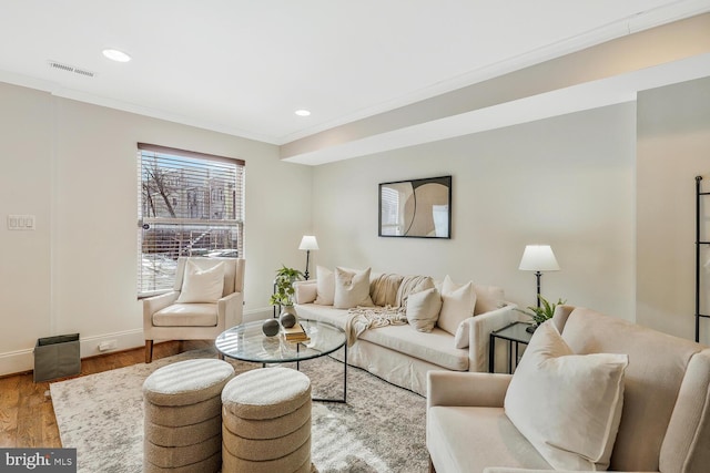 living room with crown molding and wood-type flooring