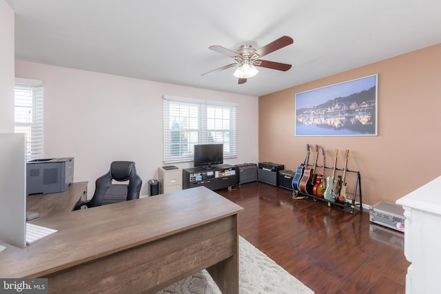 home office featuring ceiling fan and dark hardwood / wood-style flooring