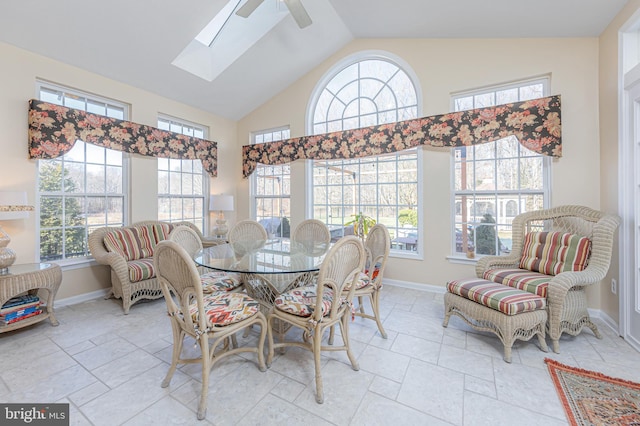 dining space with lofted ceiling with skylight and ceiling fan