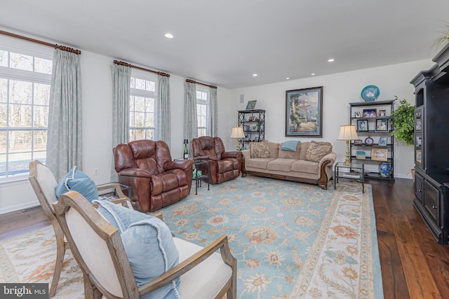 living room with a wealth of natural light and dark hardwood / wood-style floors