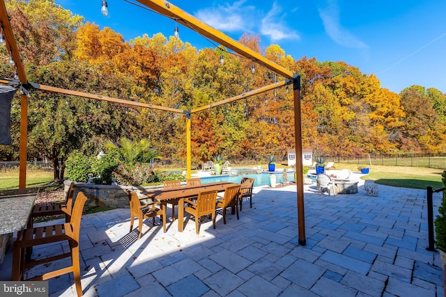 view of patio with a fenced in pool and an outdoor fire pit