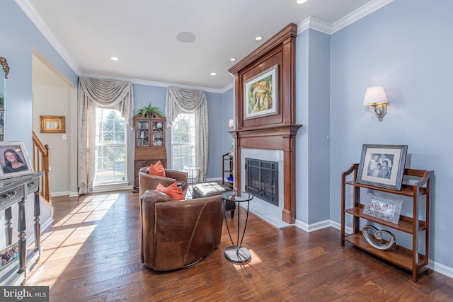 living room featuring ornamental molding, a premium fireplace, and wood-type flooring