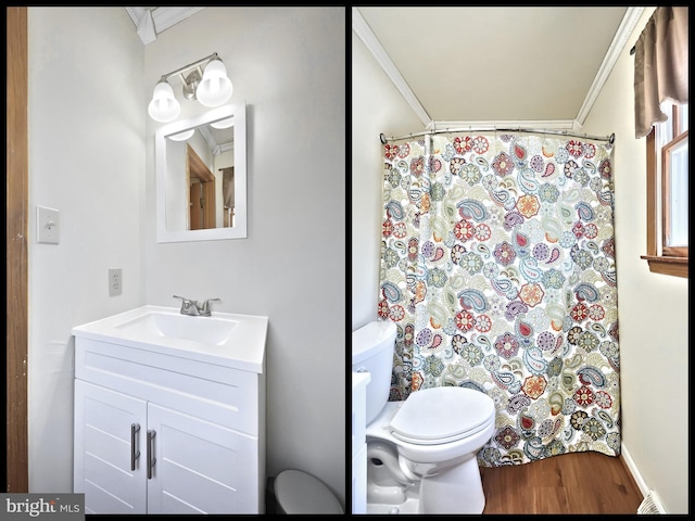 bathroom featuring curtained shower, wood-type flooring, vanity, toilet, and crown molding