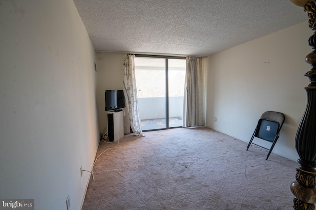 interior space featuring floor to ceiling windows, a textured ceiling, and light carpet