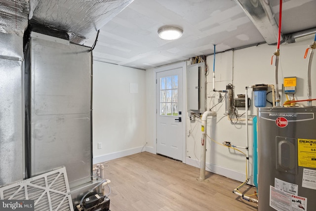 utility room with electric panel and electric water heater