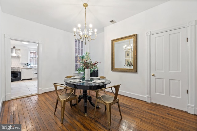 dining area featuring hardwood / wood-style floors and a notable chandelier