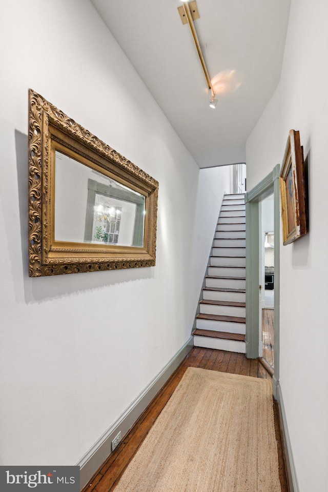 hall featuring hardwood / wood-style flooring and rail lighting