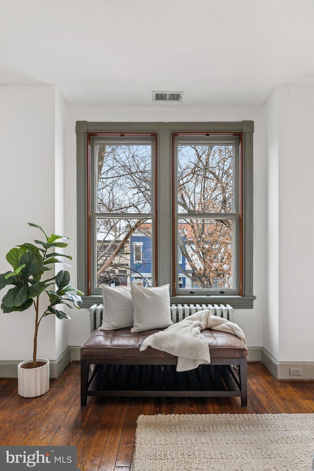 living area featuring plenty of natural light and dark hardwood / wood-style flooring