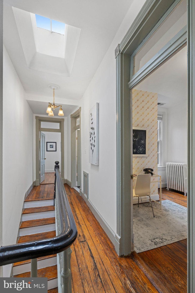 corridor featuring a skylight, radiator heating unit, and dark hardwood / wood-style flooring